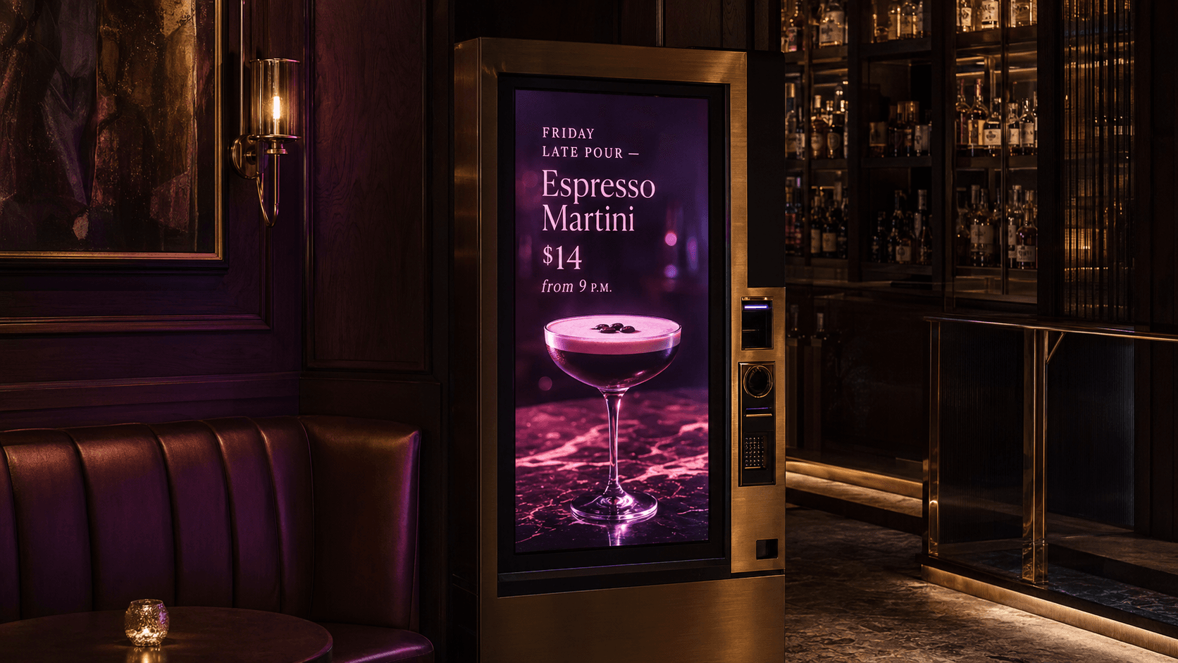 A DVS machine in a Dallas cocktail lounge displaying a venue’s Friday Late Pour ad on the front display